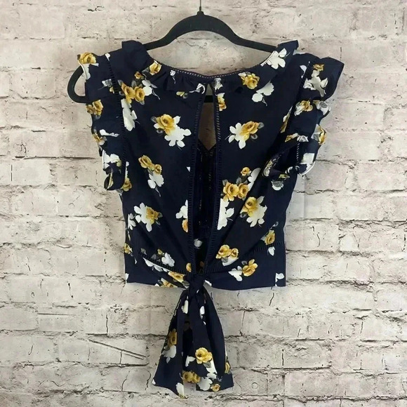 J By J.O.A Medium Navy Blue Floral Ruffle Top Cut Out Yellow White Bow Crop M - Picture 7 of 8